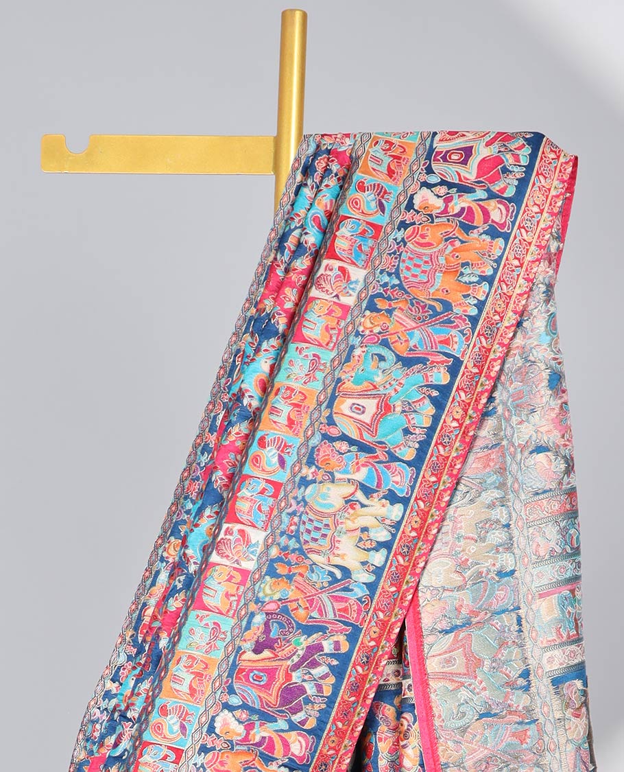 Multi-colored motifs enclosed with argyle design semi-banaras dola silksaree with contrast border & wedding design pallu