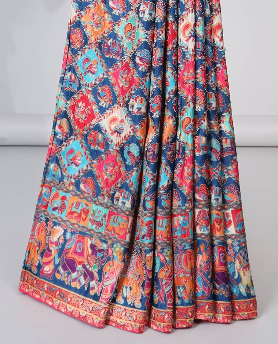 Multi-colored motifs enclosed with argyle design semi-banaras dola silksaree with contrast border & wedding design pallu