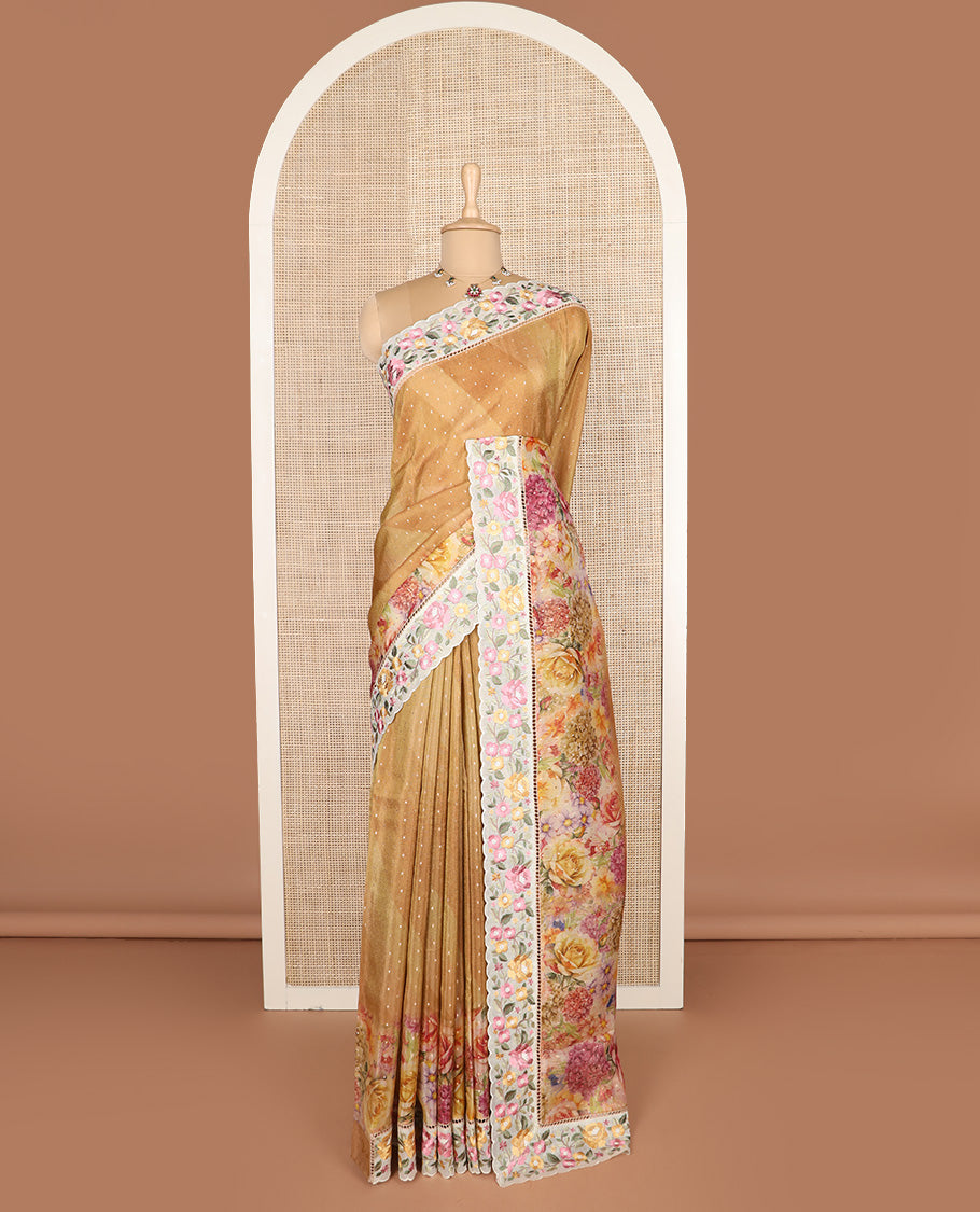 Mustard buttas with floral printed dola silk saree, contrast floral embroidered scallop border