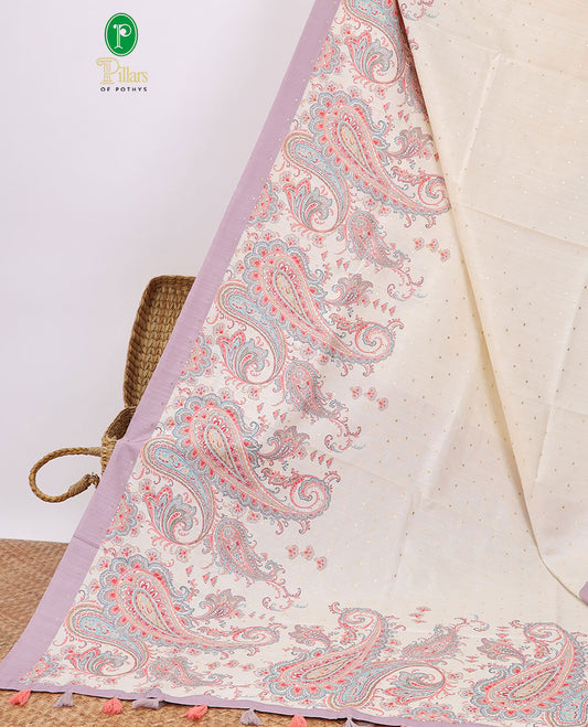Cream mukesh print semi-banaras tussar saree with contrast plain border & paisley motifs pallu