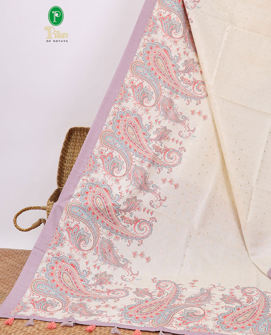 Cream mukesh print semi-banaras tussar saree with contrast plain border & paisley motifs pallu