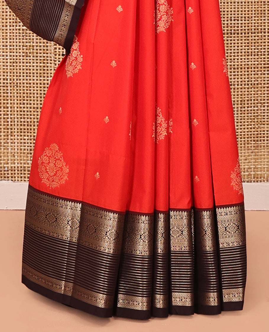 Red And Coffee Brown Budget Silk Saree, Adorned with Floral Zari Buttas All Over Its Body, Complemented by Contrast Traditional Zari Designs Woven Border, Grand Pallu and Paired with a Contrast Blouse