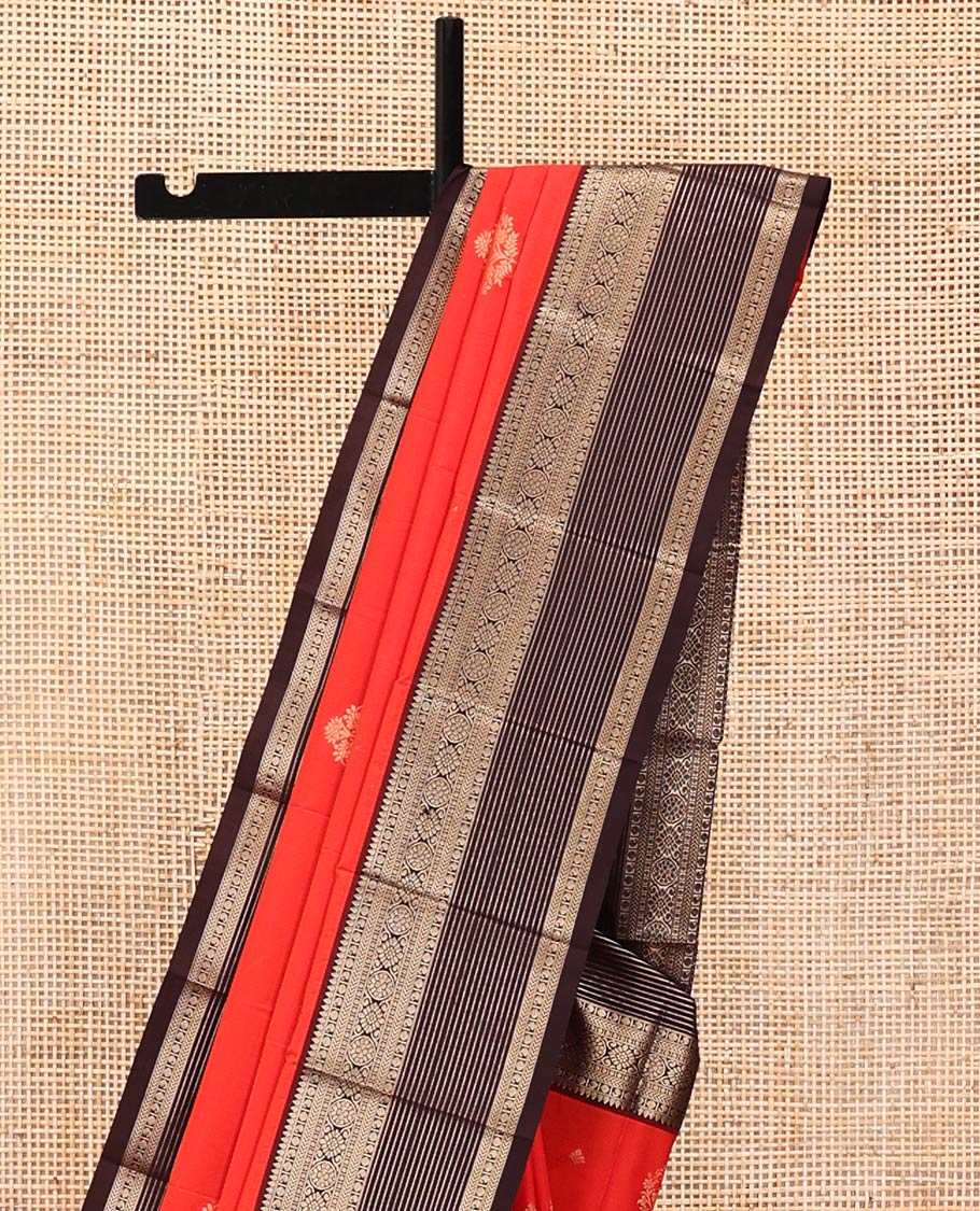 Red And Coffee Brown Budget Silk Saree, Adorned with Floral Zari Buttas All Over Its Body, Complemented by Contrast Traditional Zari Designs Woven Border, Grand Pallu and Paired with a Contrast Blouse