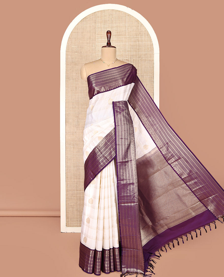 Off-White and Purple Budget Silk Saree, Bedecked with Zari Butta Enclosed Checks on Its Body, Complemented by a Contrast Traditional Zari Design Border of Paisleys, Grand Jaal Pallu, and Paired with a Contrast Blouse