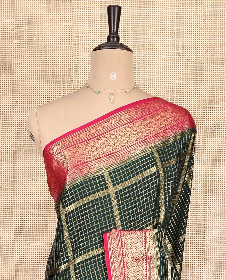 Bottle Green Fancy Mysore Silk Saree Features Zari Checks, Contrast Traditional Border, Grand Pallu, Contrast Blouse