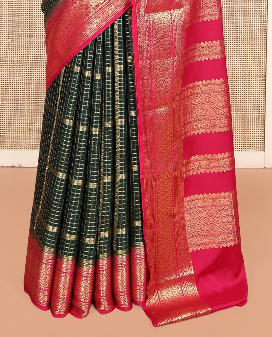 Bottle Green Fancy Mysore Silk Saree Features Zari Checks, Contrast Traditional Border, Grand Pallu, Contrast Blouse