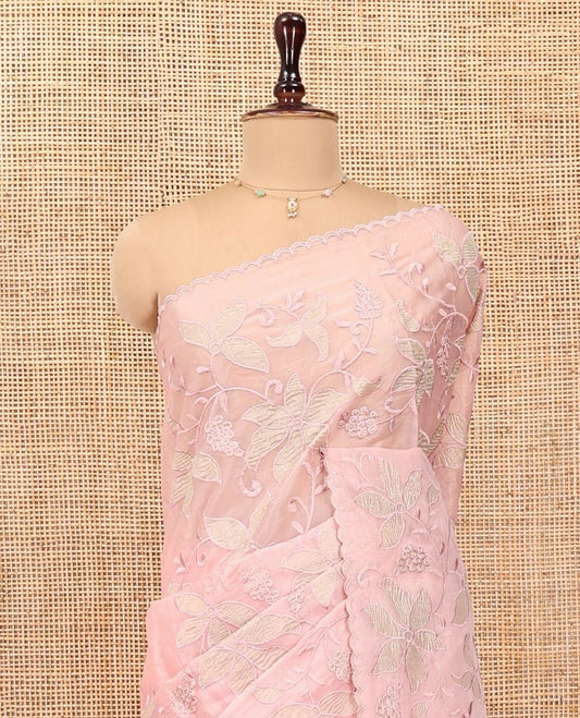 Light Peach Organza Saree, Finely Crafted with Floral Jaal Applique Embroidery All Over Its Body, Scallop Lace Border, Floral Embroidered Pallu, and Paired With a Embroidered Blouse