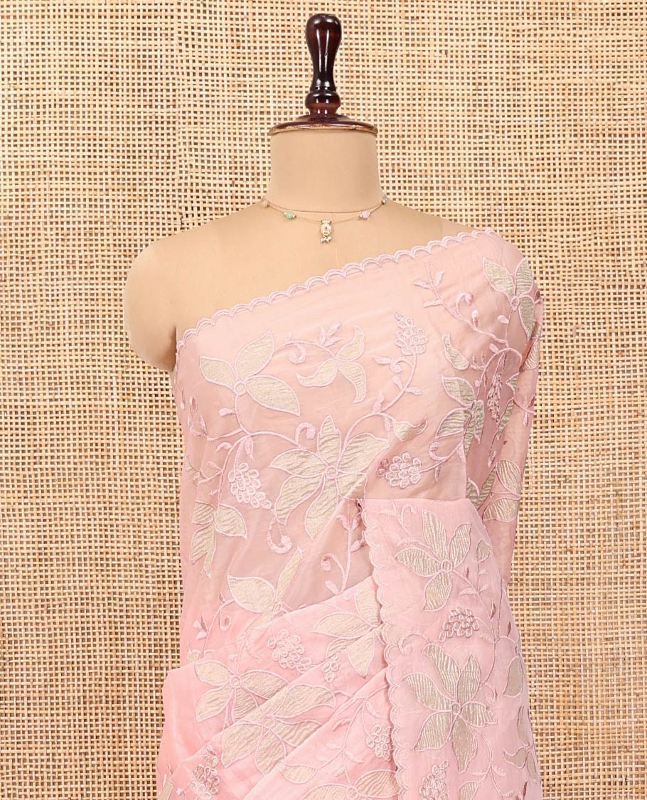 Light Peach Organza Saree, Finely Crafted with Floral Jaal Applique Embroidery All Over Its Body, Scallop Lace Border, Floral Embroidered Pallu, and Paired With a Embroidered Blouse