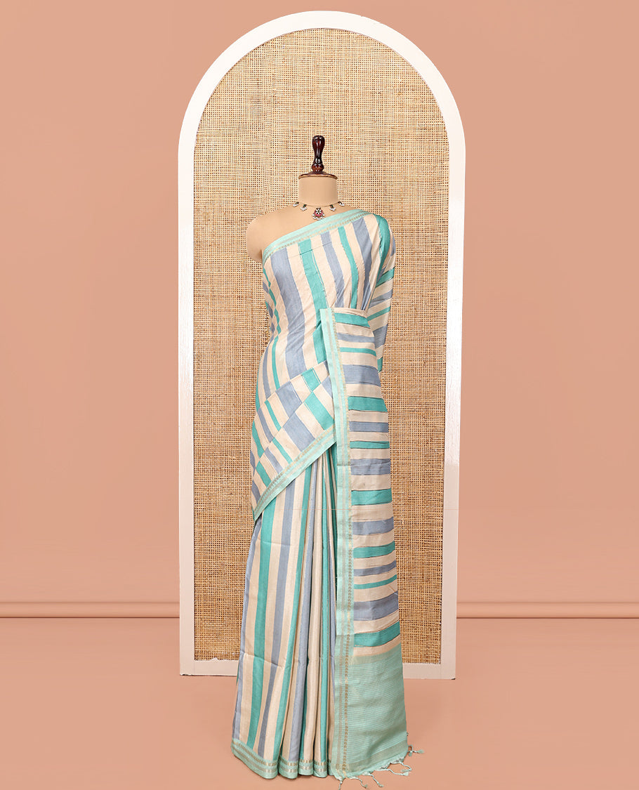 Chikku-Rama Blue Fancy Tussar Silk With Stripes, Zari Border, Pallu, and Blouse