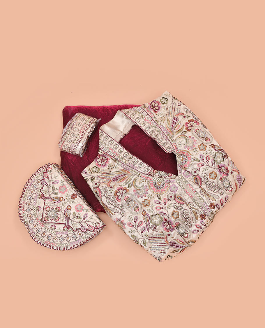 Maroon Plain Party Wear Designer Saree, Complemented with a Contrast Round Neck Heavy Embroidered 3/4th Sleeve Readymade Blouse, Detachable Embroidered Belt, and a Free Embroidered Flap Sling Bag