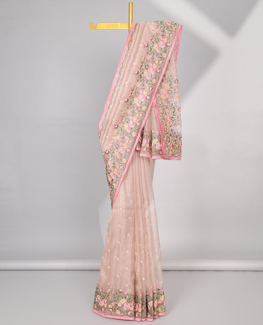 Peach motifs embroidery net designer saree with self floral border & floral embroidery pallu 