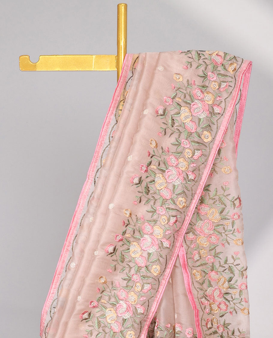Peach motifs embroidery net designer saree with self floral border & floral embroidery pallu 