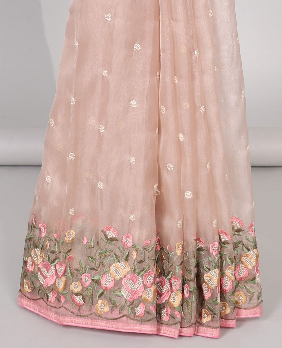 Peach motifs embroidery net designer saree with self floral border & floral embroidery pallu 