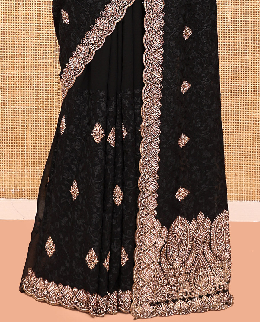 Black Designer Saree, Finely Crafted with Floral Jaal and Butta Embroidery, a Scallop Embroidered Border, and a Matching Blouse