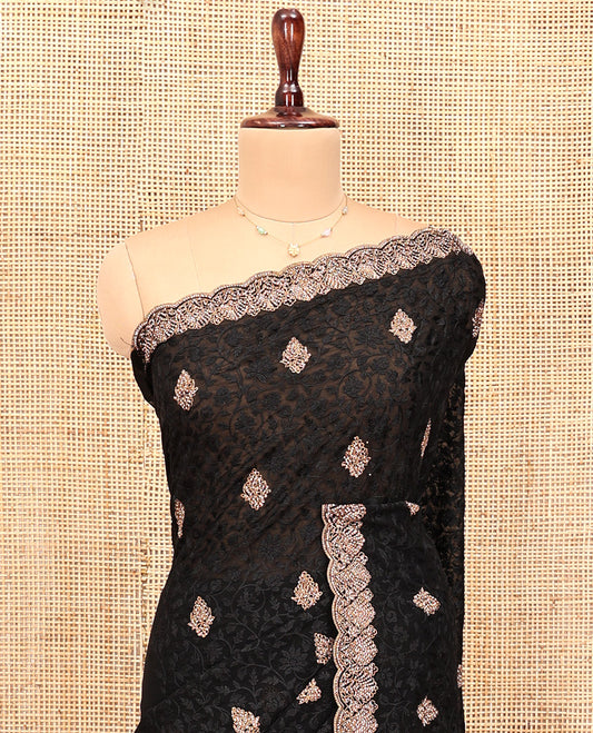 Black Designer Saree, Finely Crafted with Floral Jaal and Butta Embroidery, a Scallop Embroidered Border, and a Matching Blouse