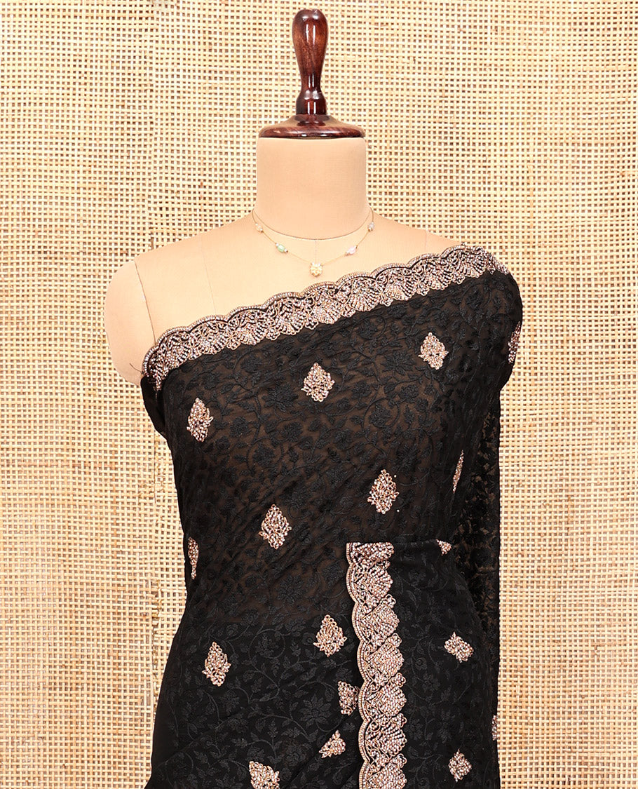 Black Designer Saree, Finely Crafted with Floral Jaal and Butta Embroidery, a Scallop Embroidered Border, and a Matching Blouse