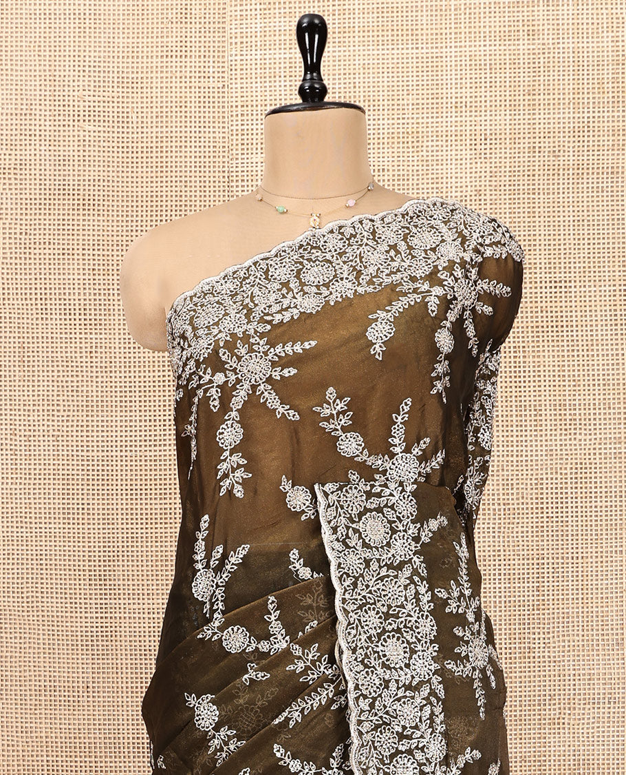 Brown Designer Saree, Prettified with Floral Embroidery, Scallop-Embroidered Border, and Matching Embroidered Blouse