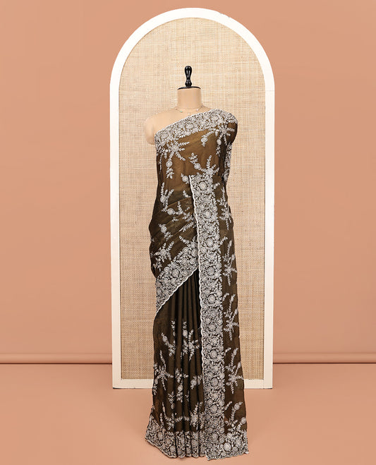 Brown Designer Saree, Prettified with Floral Embroidery, Scallop-Embroidered Border, and Matching Embroidered Blouse