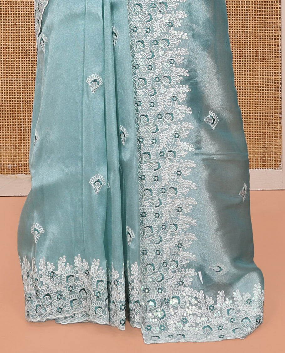 Blue Organza Saree, Ornamented with Thread Floral Buttas, Scallop Floral Embroidery Border, and Matching Blouse
