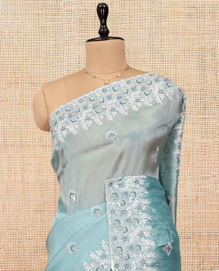 Blue Organza Saree, Ornamented with Thread Floral Buttas, Scallop Floral Embroidery Border, and Matching Blouse