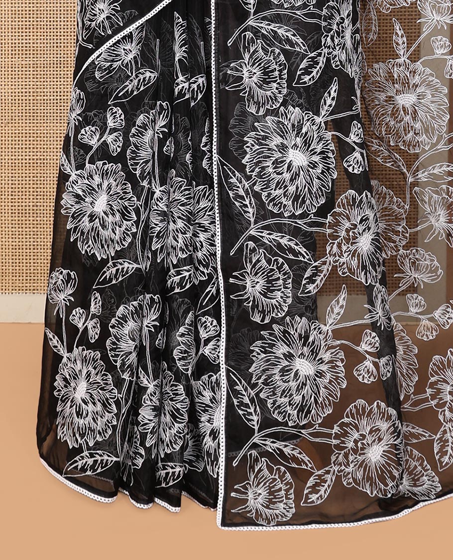 Black Organza Saree, Mesmerized with Floral Embroidery Design, a Scallop Lace Border, and a Matching Blouse