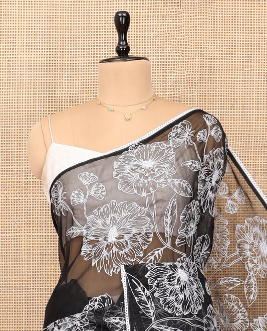 Black Organza Saree, Mesmerized with Floral Embroidery Design, a Scallop Lace Border, and a Matching Blouse