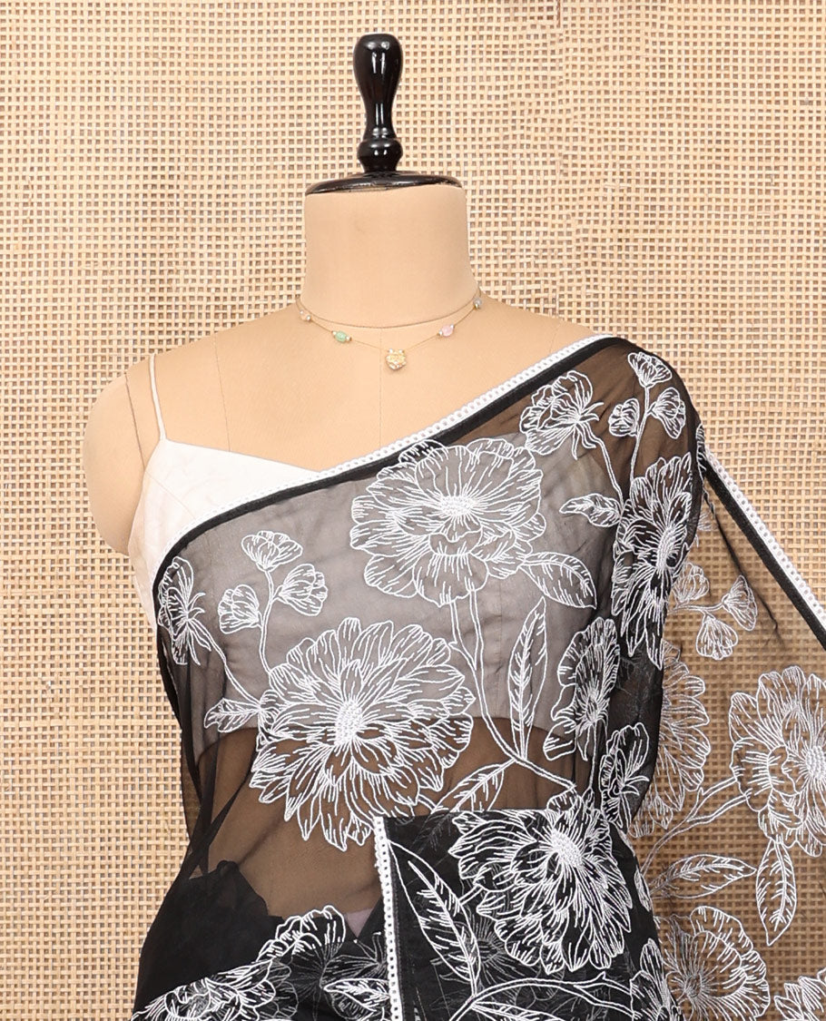 Black Organza Saree, Mesmerized with Floral Embroidery Design, a Scallop Lace Border, and a Matching Blouse