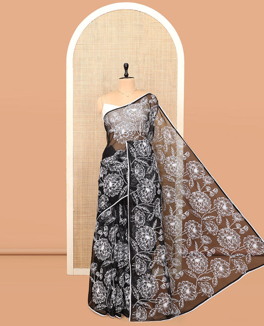 Black Organza Saree, Mesmerized with Floral Embroidery Design, a Scallop Lace Border, and a Matching Blouse