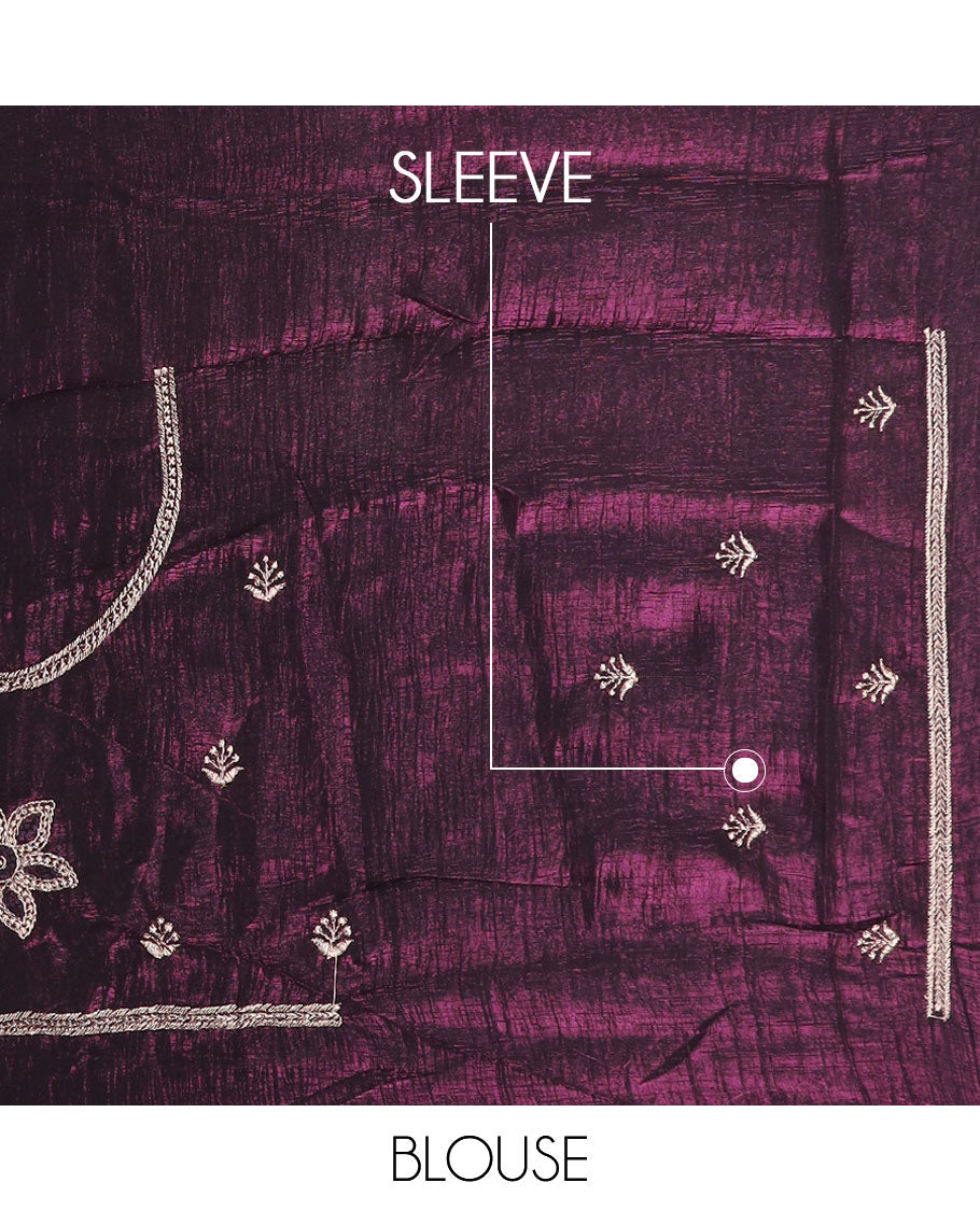 Purple zig-zag stripes, and floral motifs embroidered designer saree, scallop embroidered border