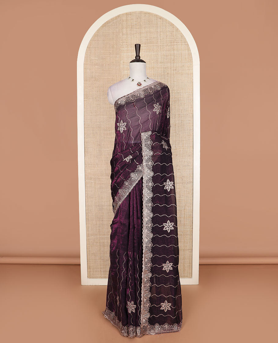 Purple zig-zag stripes, and floral motifs embroidered designer saree, scallop embroidered border