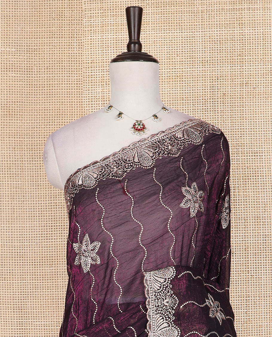 Purple zig-zag stripes, and floral motifs embroidered designer saree, scallop embroidered border