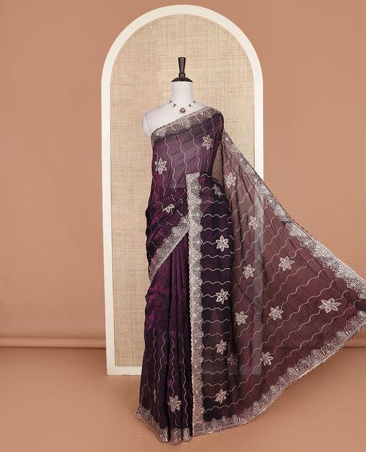 Purple zig-zag stripes, and floral motifs embroidered designer saree, scallop embroidered border