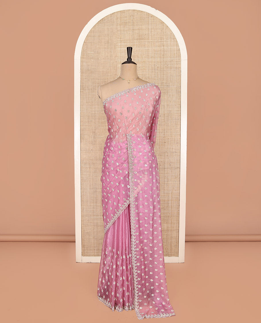 Pink Designer Saree, Prettified with Paisley Stone Work, Scallop Stone Work Border, a Self-Pallu, and a Matching Blouse