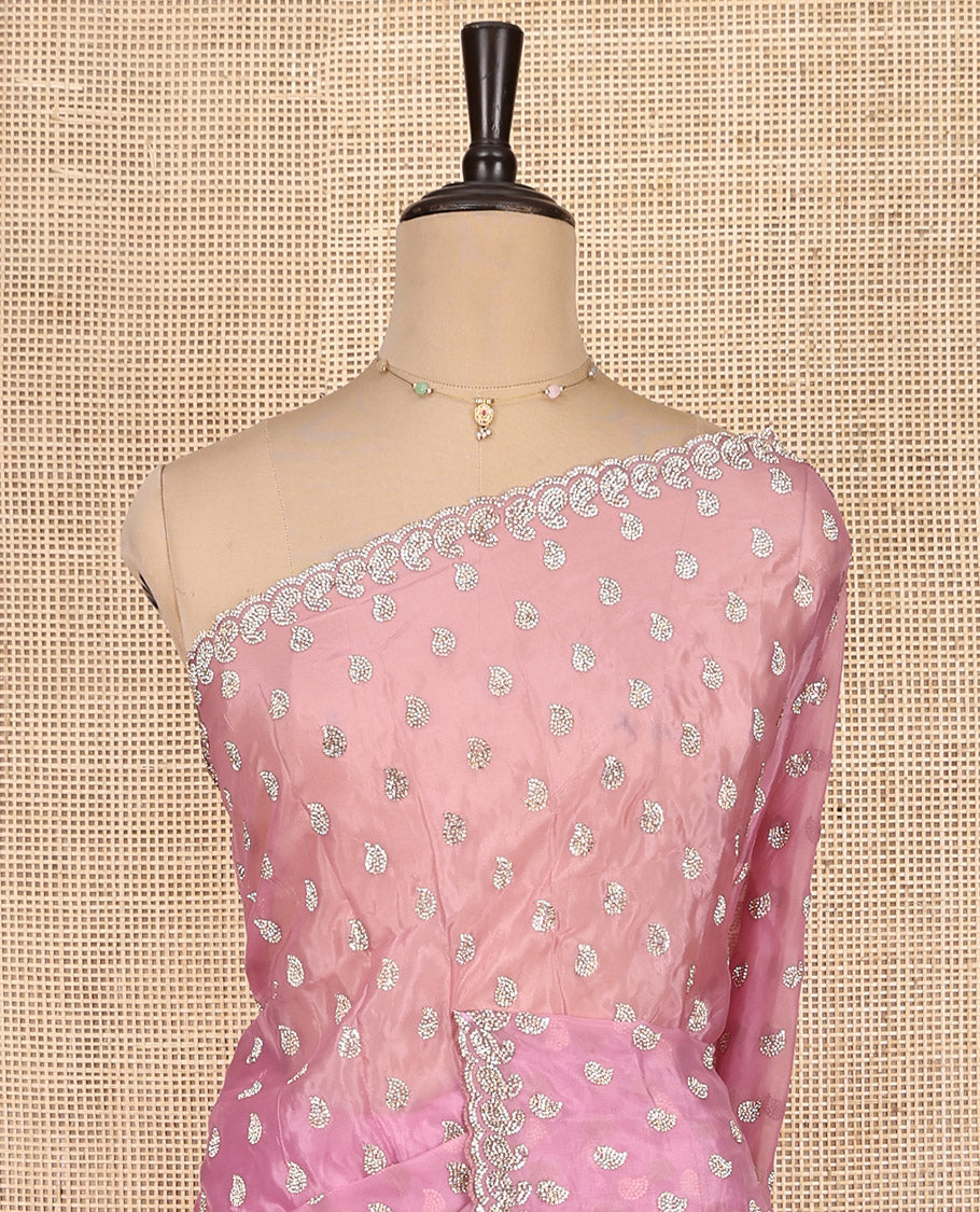 Pink Designer Saree, Prettified with Paisley Stone Work, Scallop Stone Work Border, a Self-Pallu, and a Matching Blouse