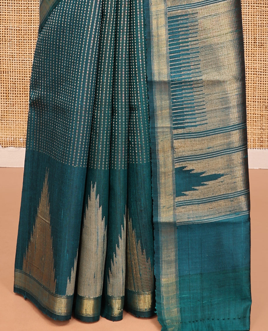 Rama Dupion Silk Saree, Steeped with Dotted Stripes, a Zari Temple Border, Gleaming Striped Pallu, and a Matching Blouse