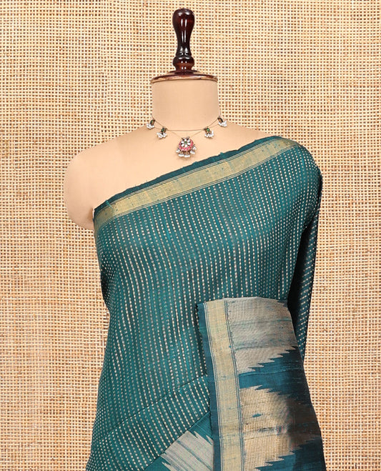 Rama Dupion Silk Saree, Steeped with Dotted Stripes, a Zari Temple Border, Gleaming Striped Pallu, and a Matching Blouse