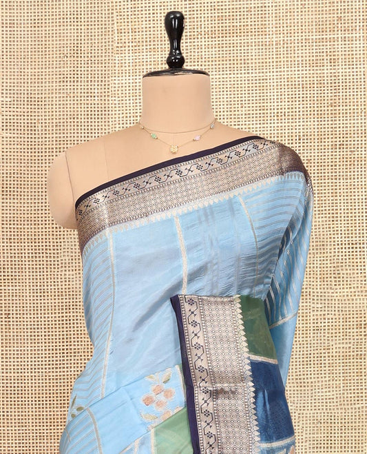 Blue Dupion Silk Saree, Accentuated with Rangkat-Style Mughal Designs, a Contrast Traditional Zari Border, Ogee Pallu, and a Contrast Blouse