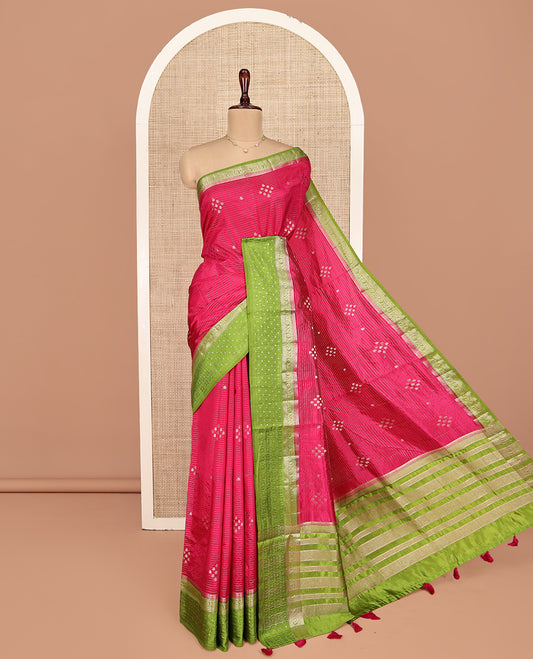 Pink Semi-Banaras Dupion Saree, Detailed with Zari Buttas and Stripes, Complemented by Contrast Traditional Border, Zari Striped Pallu, and a Contrast Blouse