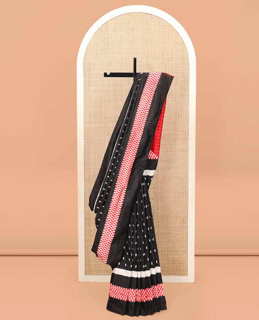 Black Pochampally Ikat Saree, Finely Crafted with Ikat Buttas, Ikkat Textured Border, Striped Pallu, and a Contrast Blouse