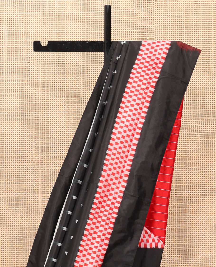 Black Pochampally Ikat Saree, Finely Crafted with Ikat Buttas, Ikkat Textured Border, Striped Pallu, and a Contrast Blouse