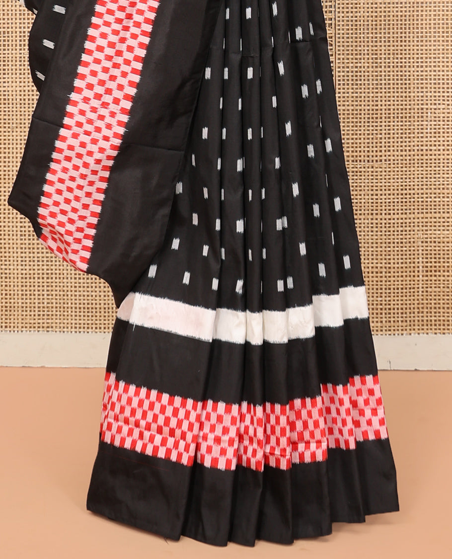 Black Pochampally Ikat Saree, Finely Crafted with Ikat Buttas, Ikkat Textured Border, Striped Pallu, and a Contrast Blouse