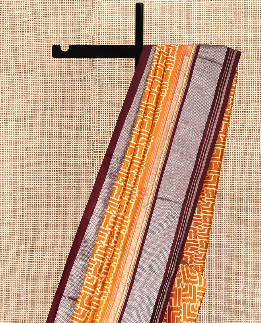 Yellow Pochampally Ikat Silk Saree, Decorated with Ikat Geometric Designs on Its Body, Complemented by a Contrast Zari Peacock-Eye Border, Ikkat Weave Pallu, and Paired with a Contrast Blouse