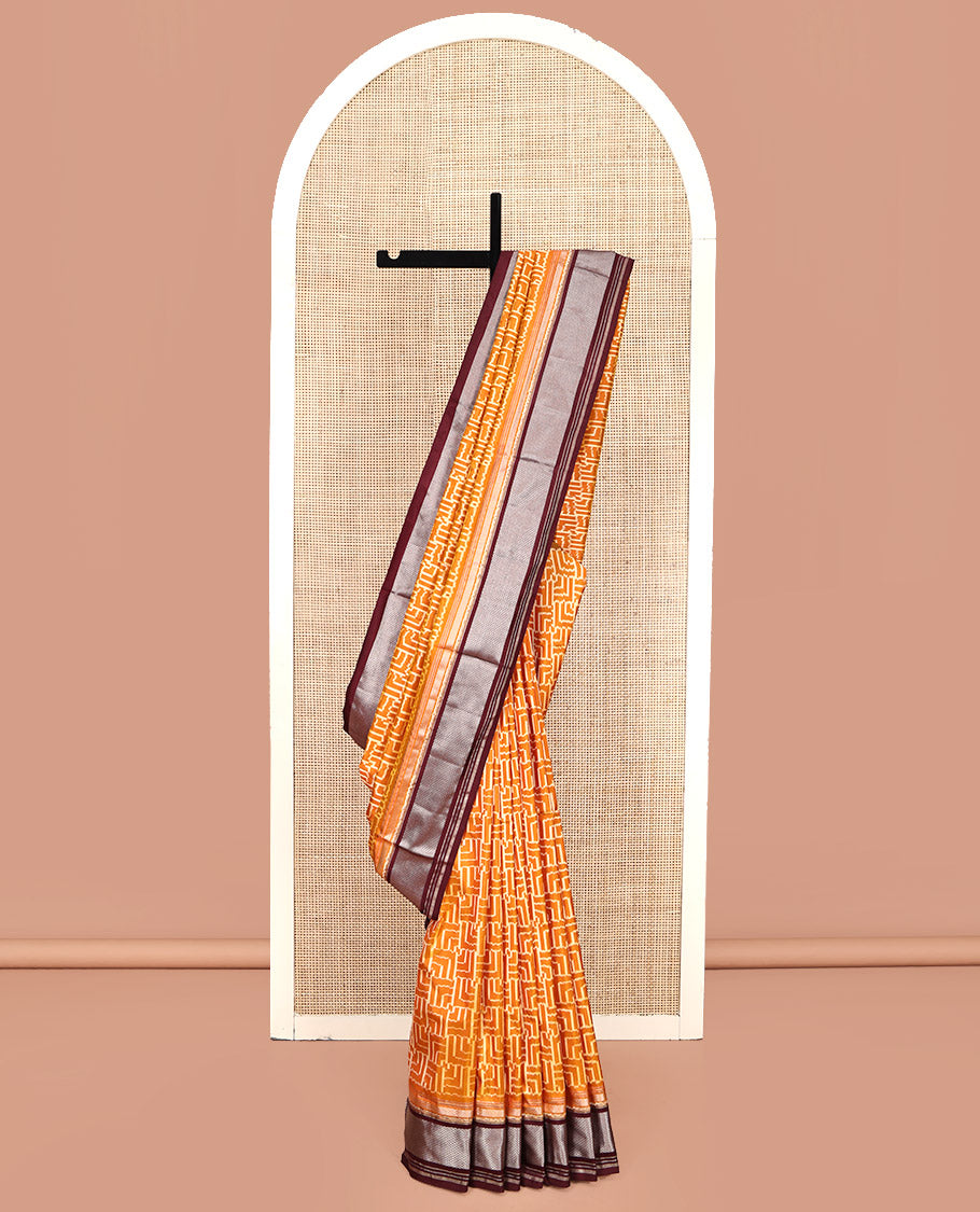 Yellow Pochampally Ikat Silk Saree, Decorated with Ikat Geometric Designs on Its Body, Complemented by a Contrast Zari Peacock-Eye Border, Ikkat Weave Pallu, and Paired with a Contrast Blouse