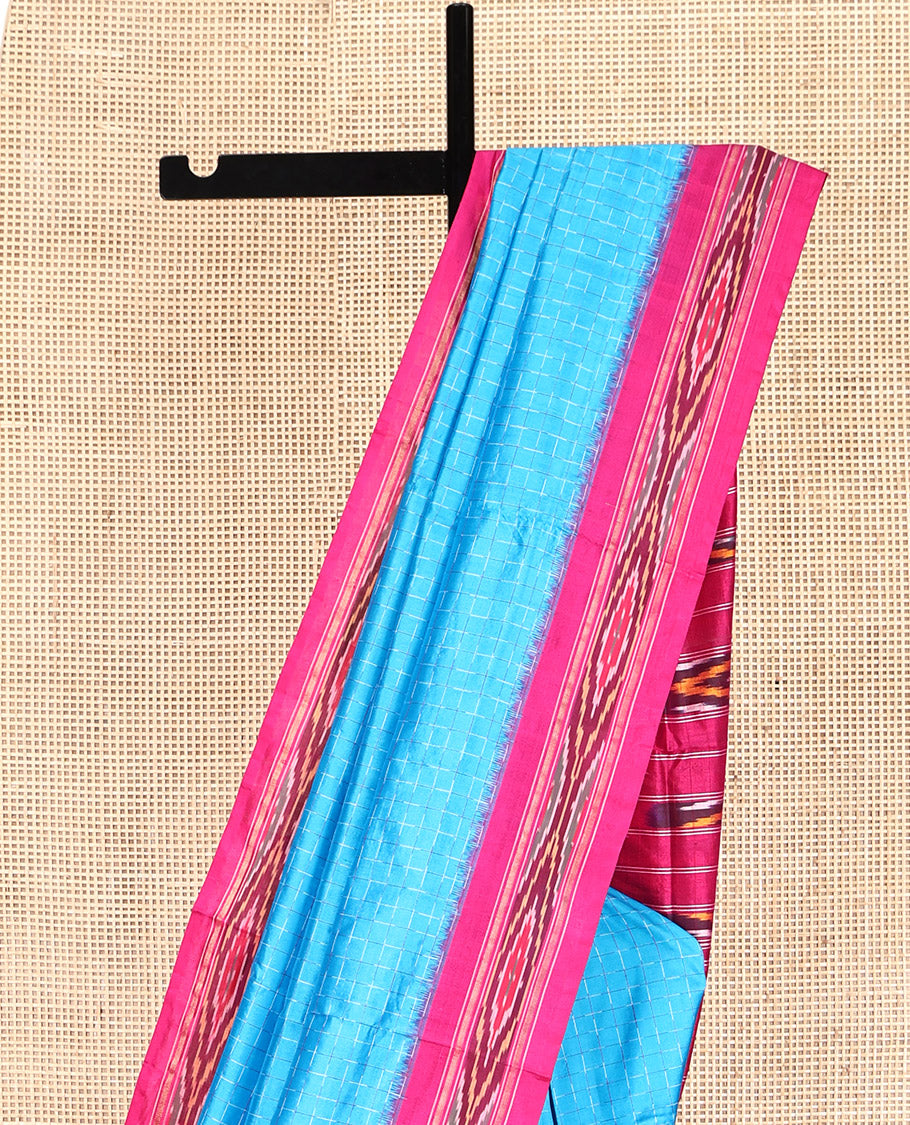 Blue Checked Pochampally Ikat Silk Saree, a Contrast Ikat-Style Border, an Ikat-Style Woven Pallu, and No Blouse