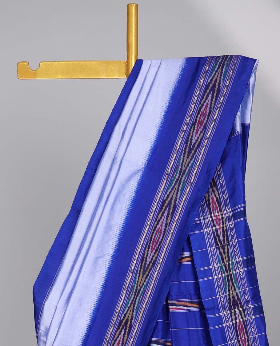 Blue ikkat silk saree with contrast striped border & striped design pallu