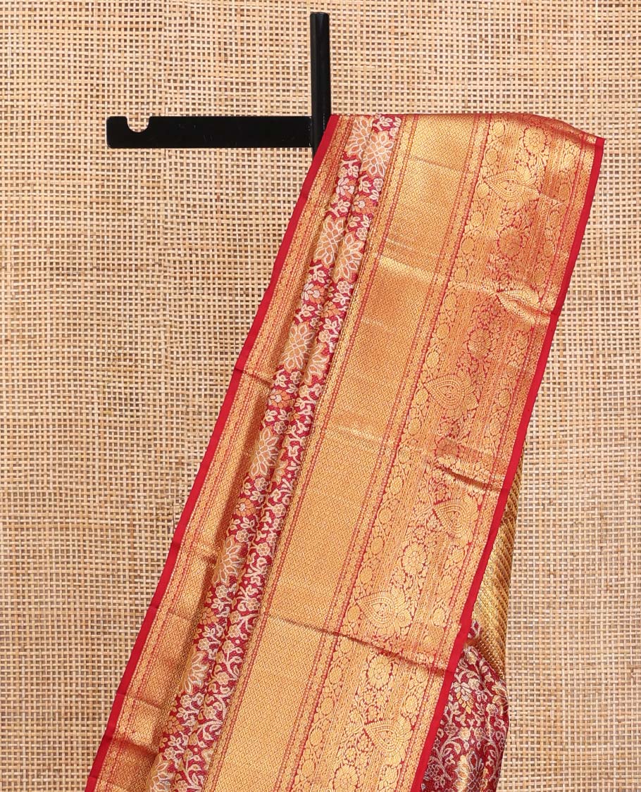 Red Kanchipuram Tissue Silk Saree, Gracefully Embellished with Jacquard Designs on Its Body, Highlighted by a Zari Border of Traditional Designs, Intricately Designed Pallu, and Paired with a Matching Blouse