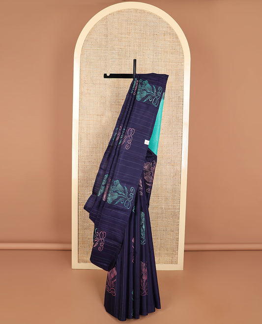 Blue striped, floral design kancheepuram silk sareee with geometric design pallu