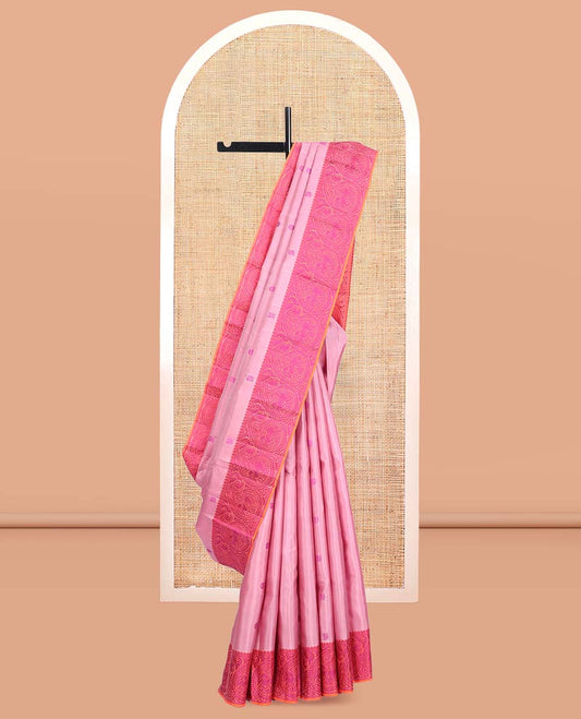 Pink Kanchipuram Silk Saree, Prettified with Mayil-Chakram Buttas, a Contrast Arumbu Manga Border, Jaal Pallu, and a Contrast Blouse