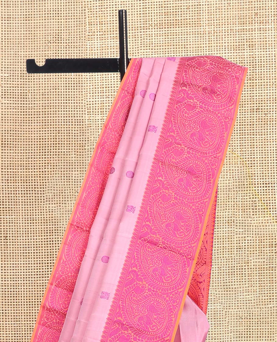 Pink Kanchipuram Silk Saree, Prettified with Mayil-Chakram Buttas, a Contrast Arumbu Manga Border, Jaal Pallu, and a Contrast Blouse