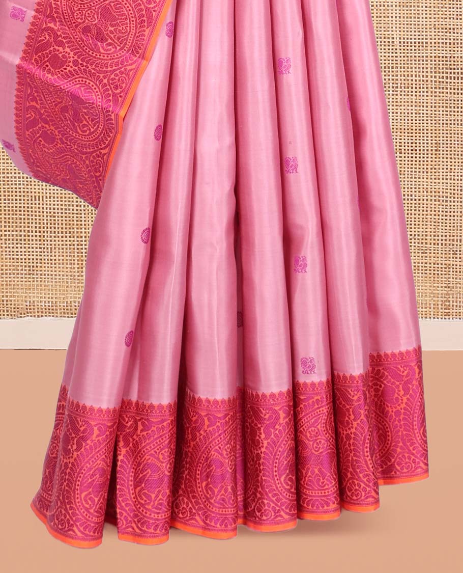 Pink Kanchipuram Silk Saree, Prettified with Mayil-Chakram Buttas, a Contrast Arumbu Manga Border, Jaal Pallu, and a Contrast Blouse